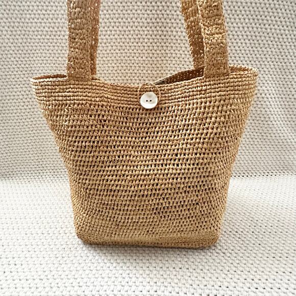 Annabel Ingall Australia Beige Tan Raffia Beach Shoulder Tote Capiz Shell Button - Picture 5 of 11